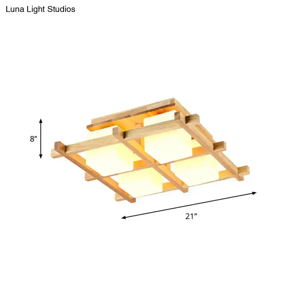 Modern wood grid semi flush mount ceiling light with square frame and four glowing rectangular panels for living room