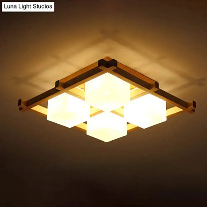 Modern wood grid semi flush mount ceiling light with warm tones wooden frame and frosted glass panels for living room