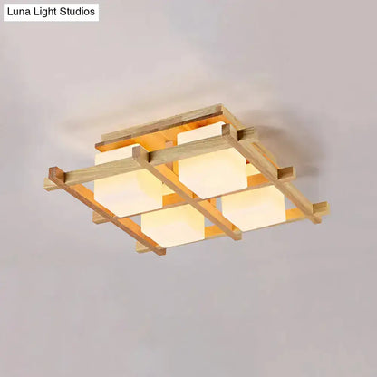 Modern wood grid semi flush mount ceiling light with natural wood frame and four warm glowing glass panels for living room