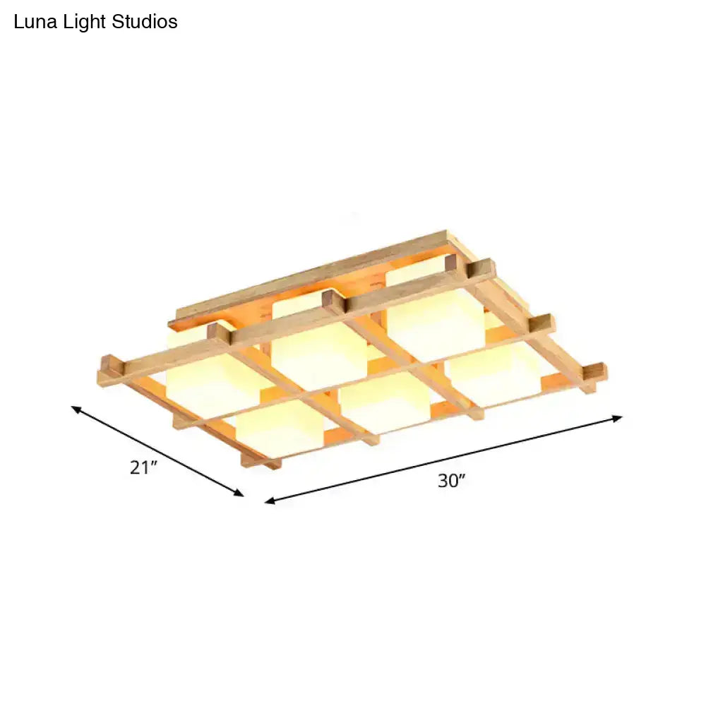 Modern wood grid semi flush mount ceiling light with warm wood frame and six glowing frosted glass panels for living room