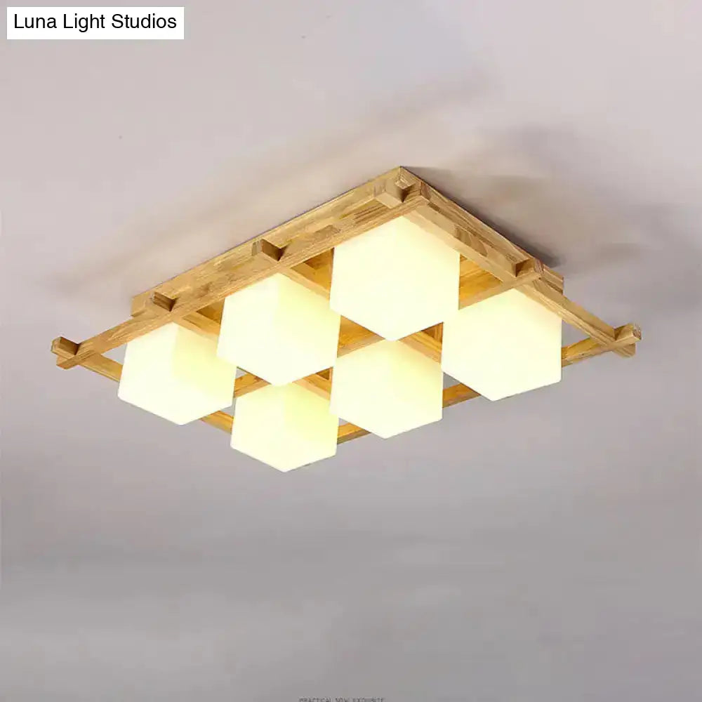 Rectangular modern wood grid semi flush mount ceiling light with natural wood frame and six off-white glass cubes