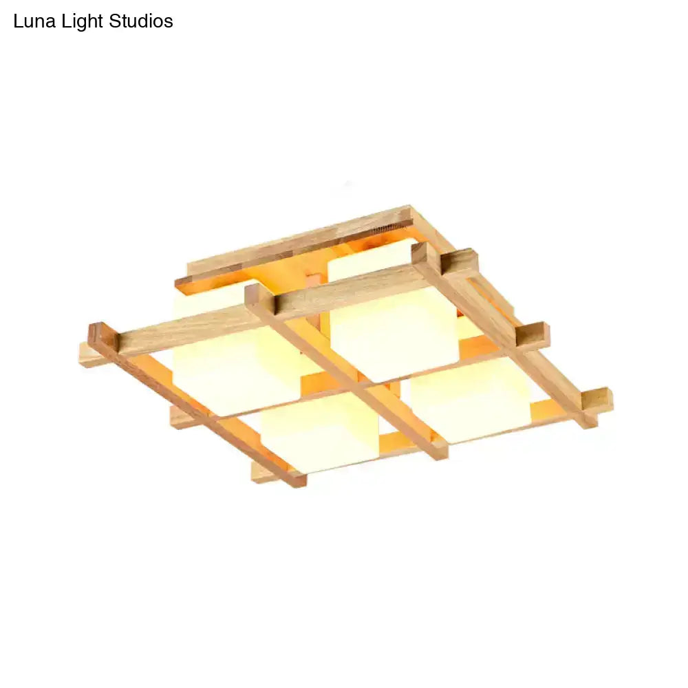 Modern wood grid semi flush mount ceiling light with natural wood frame and glowing white rectangular panels for living room