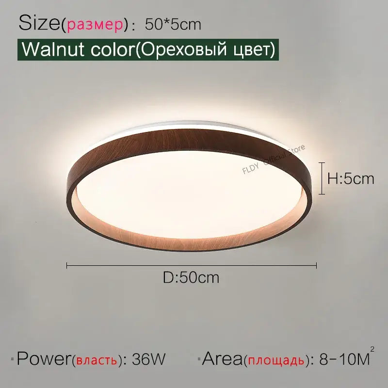 Modern wood led ceiling lamp with walnut-colored wooden frame and white diffused glass panel by decorbites led ceiling