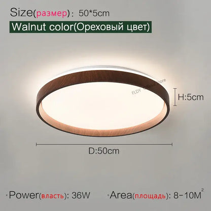 Modern wood led ceiling lamp with walnut-colored wooden frame and white diffused glass panel by decorbites led ceiling