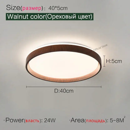Modern wood led ceiling lamp with walnut wooden frame and white illuminated center by decorbites led ceiling