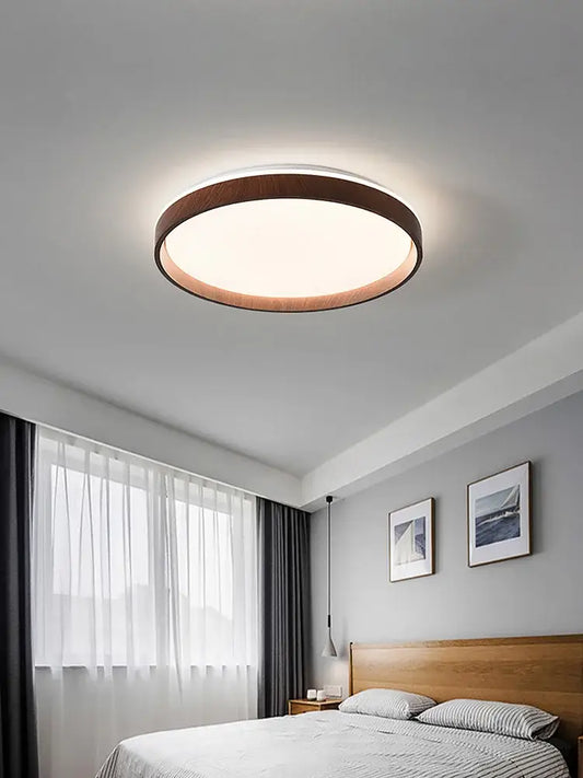 Modern wood led ceiling lamp with circular design warm wood frame and soft white light by decorbites led ceiling