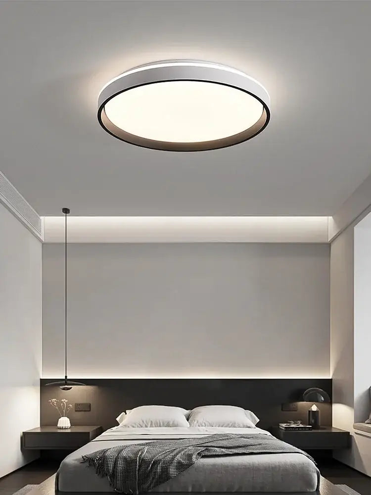 Modern wood led ceiling lamp with circular design white diffuser and dark metallic rim by decorbites led ceiling