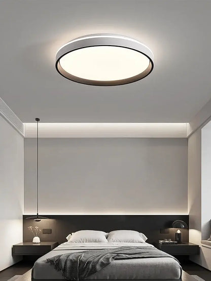 Modern wood led ceiling lamp with circular design white diffuser and dark metallic rim by decorbites led ceiling