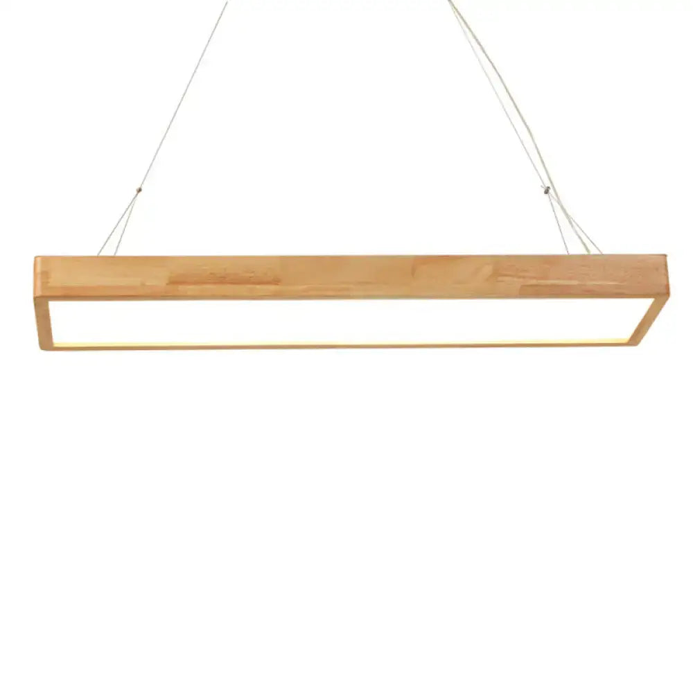 Minimalist natural wood rectangle ceiling light fixture with glowing white warm third gear led panel for dining room
