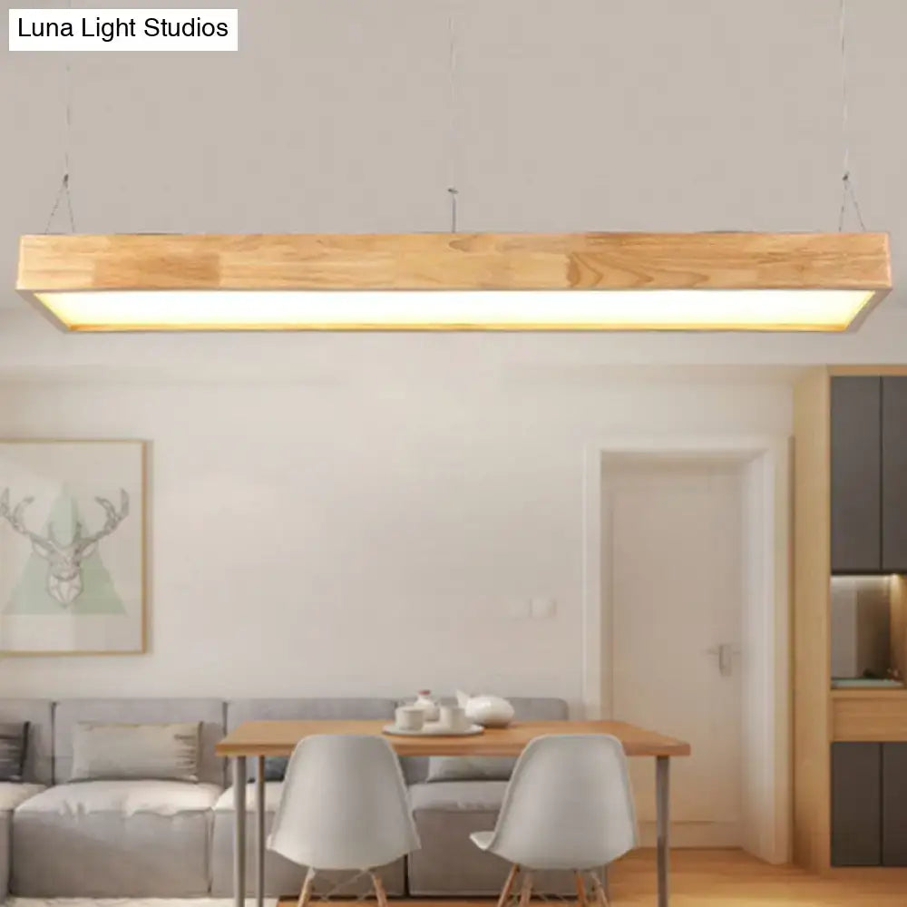 Modern wood rectangle ceiling light fixture with warm third gear white warm third illumination for dining room