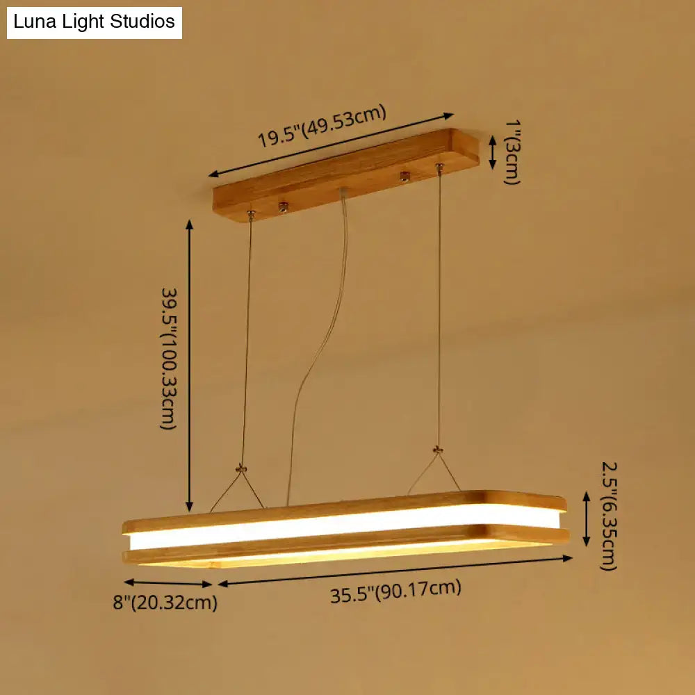 Modern wood rectangular hanging island lamp with warm wood finish and sleek led strip illumination for dining room