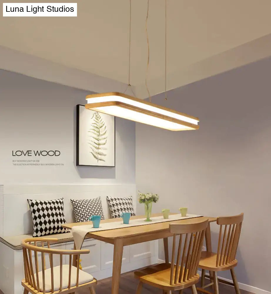 Modern wood rectangular hanging island lamp with sleek wooden frame and integrated led strip for dining room