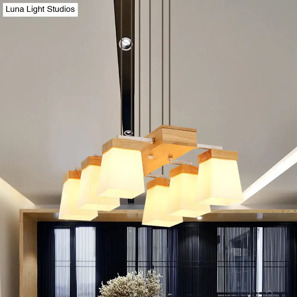 DecorBites™ modern wooden chandelier with six warm-toned rectangular fabric shades and white frosted glass panels