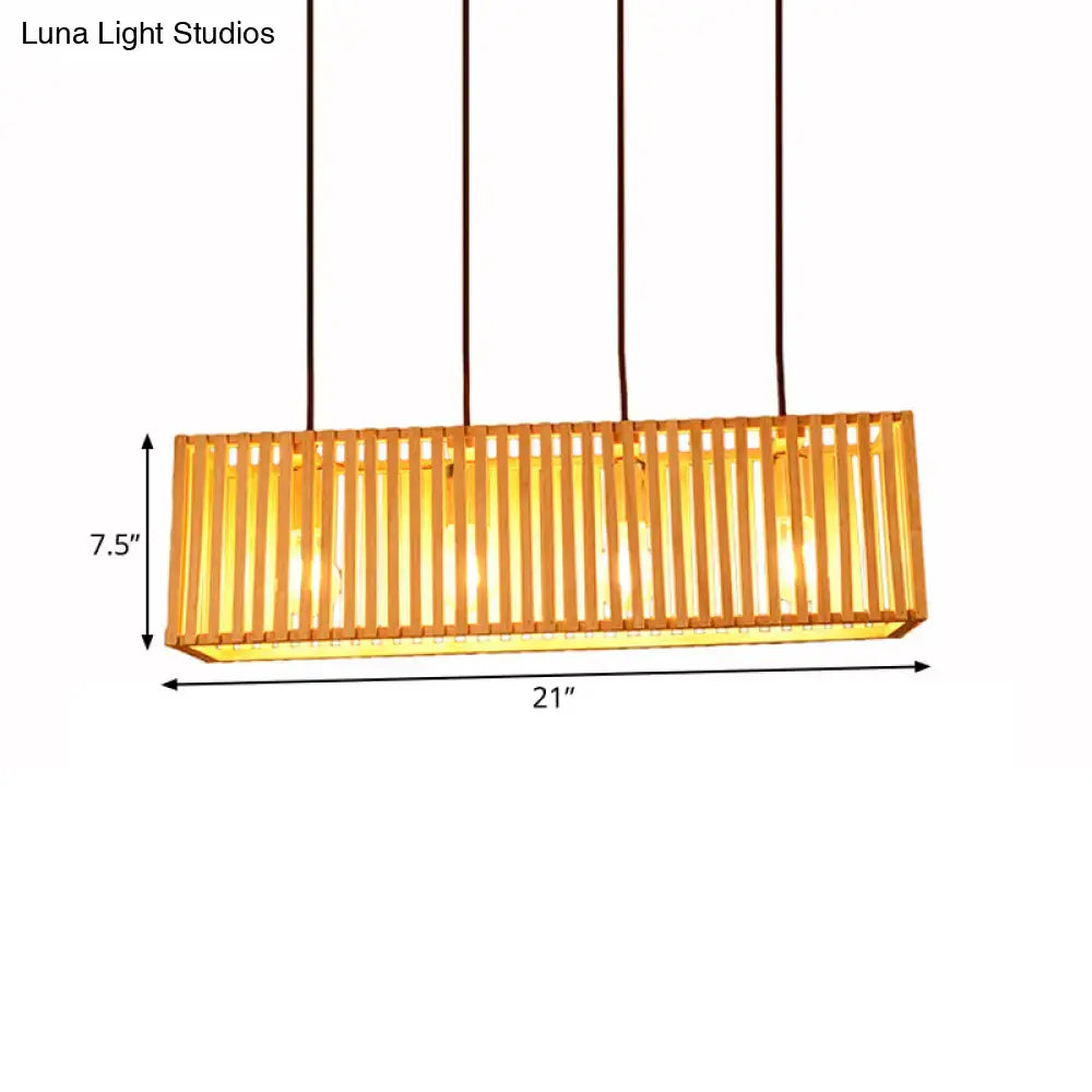 Decorbites™ modern wood island pendant light with warm golden glow in slatted bamboo frame using led incandescent bulbs