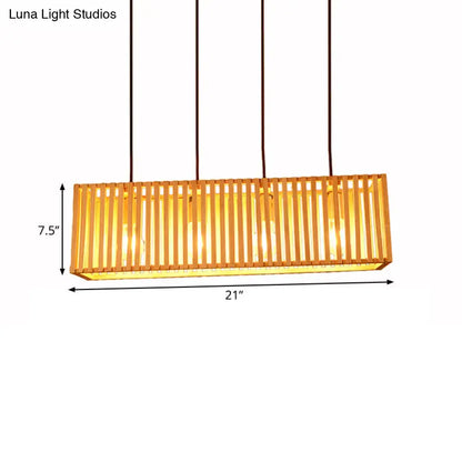 Decorbites™ modern wood island pendant light with warm golden glow in slatted bamboo frame using led incandescent bulbs