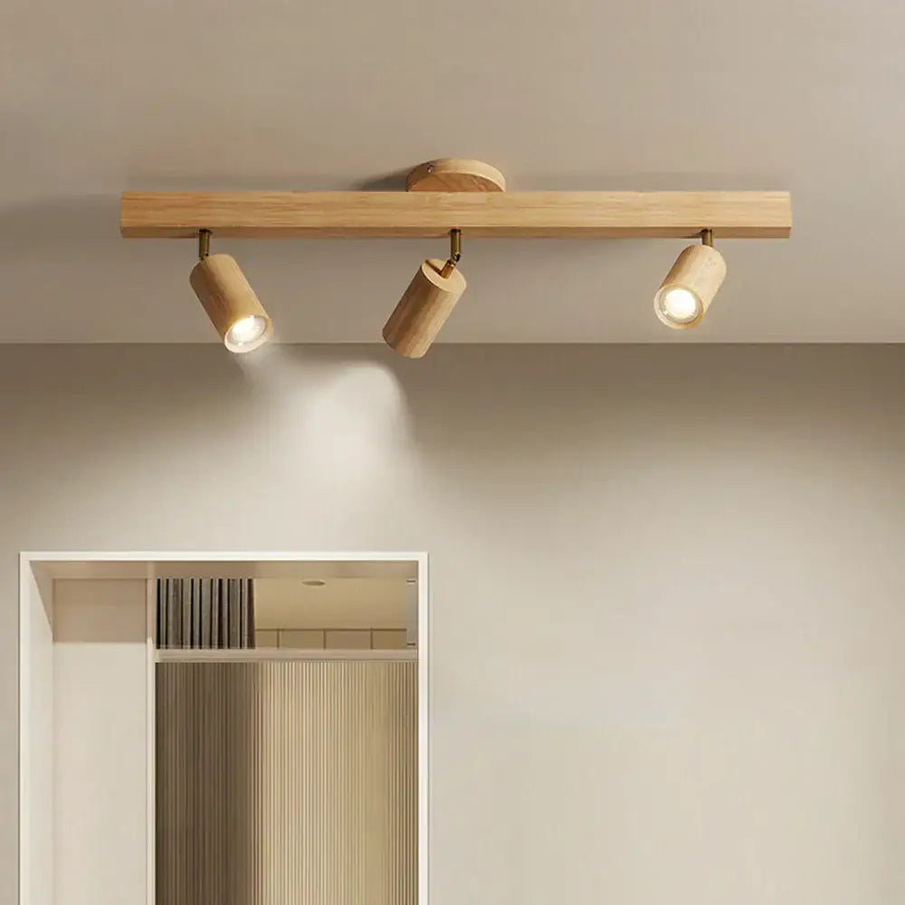Modern wood ceiling lamp with three adjustable gu10 led spotlights in light wood finish for kitchen decorbites adjustable gu10