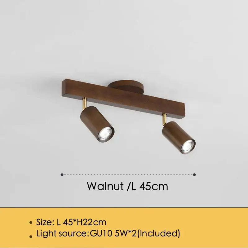 Walnut-finished wooden ceiling lamp with two adjustable gu10 led spotlight heads by decorbites for modern interiors