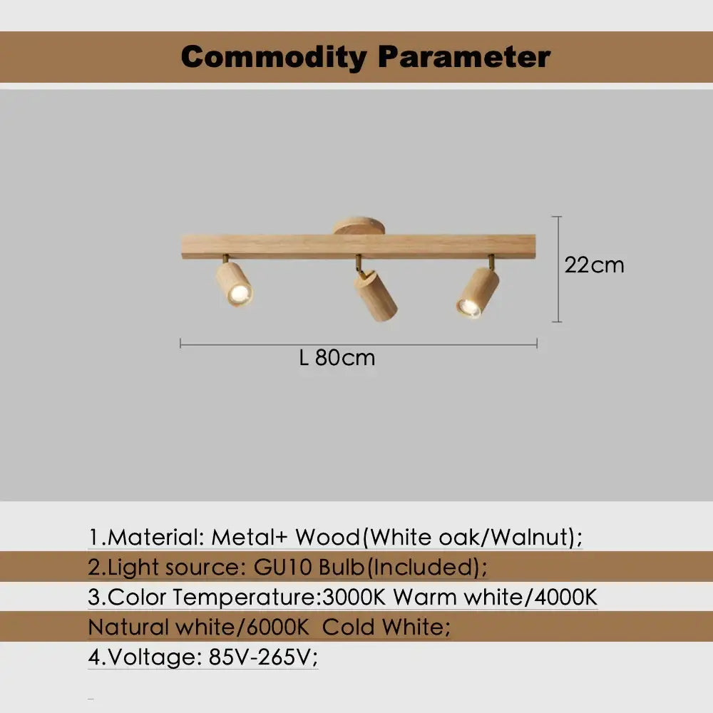 Modern wood three light adjustable gu10 led ceiling lamp with cylindrical heads on natural oak or walnut wood bar