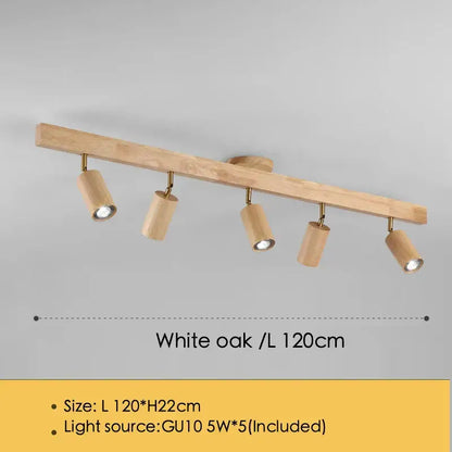 A sleek 120cm natural white oak ceiling lamp with five adjustable gu10 led spotlights for modern decorbites lighting