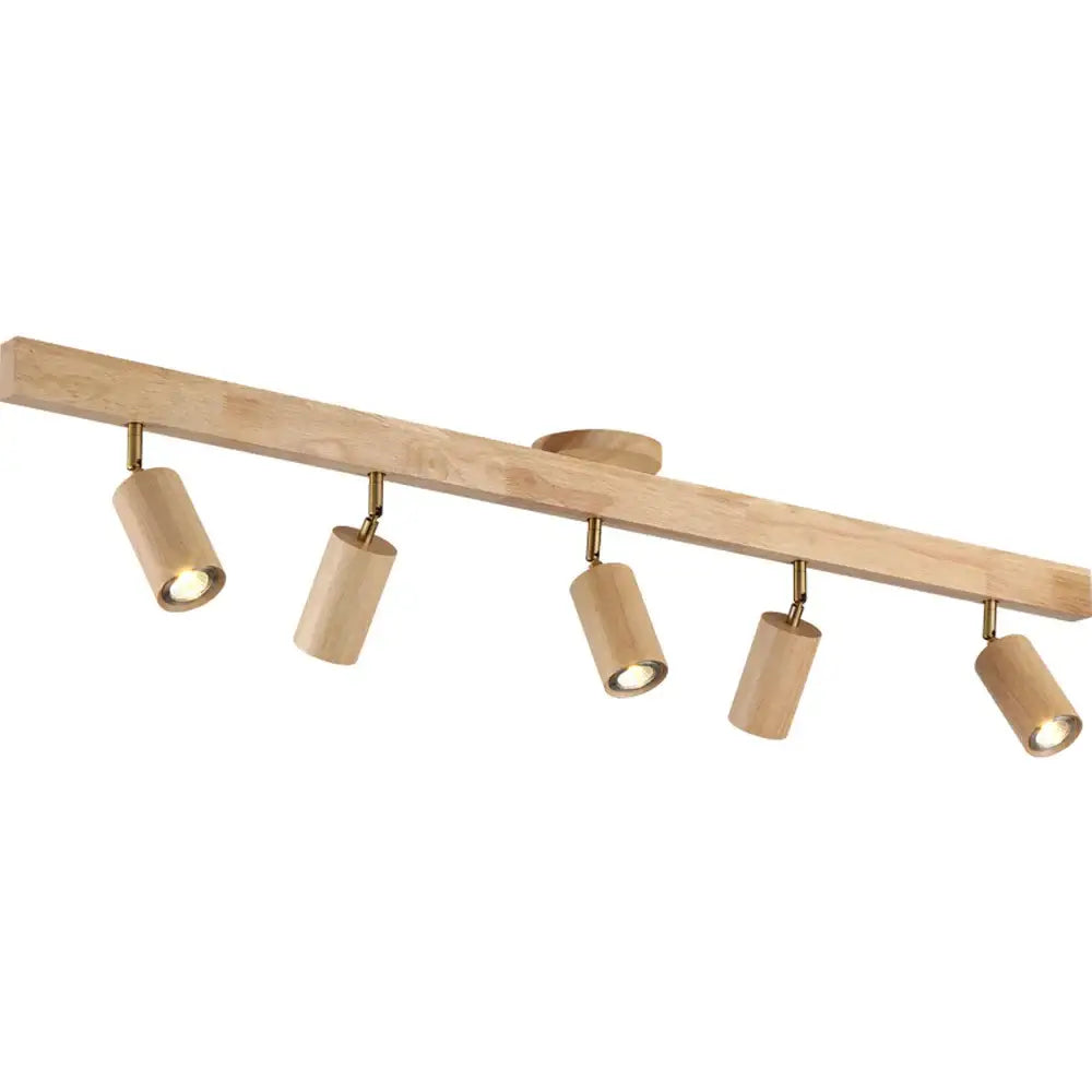 Modern wood three light adjustable gu10 led ceiling lamp with five cylindrical spotlights on a light wood fixture