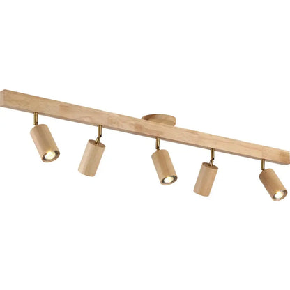 Modern wood three light adjustable gu10 led ceiling lamp with five cylindrical spotlights on a light wood fixture