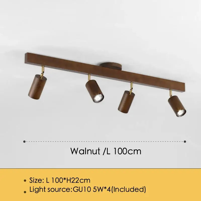 Walnut-finished 100cm ceiling lamp with four adjustable cylindrical spotlights decorbites adjustable gu10 led