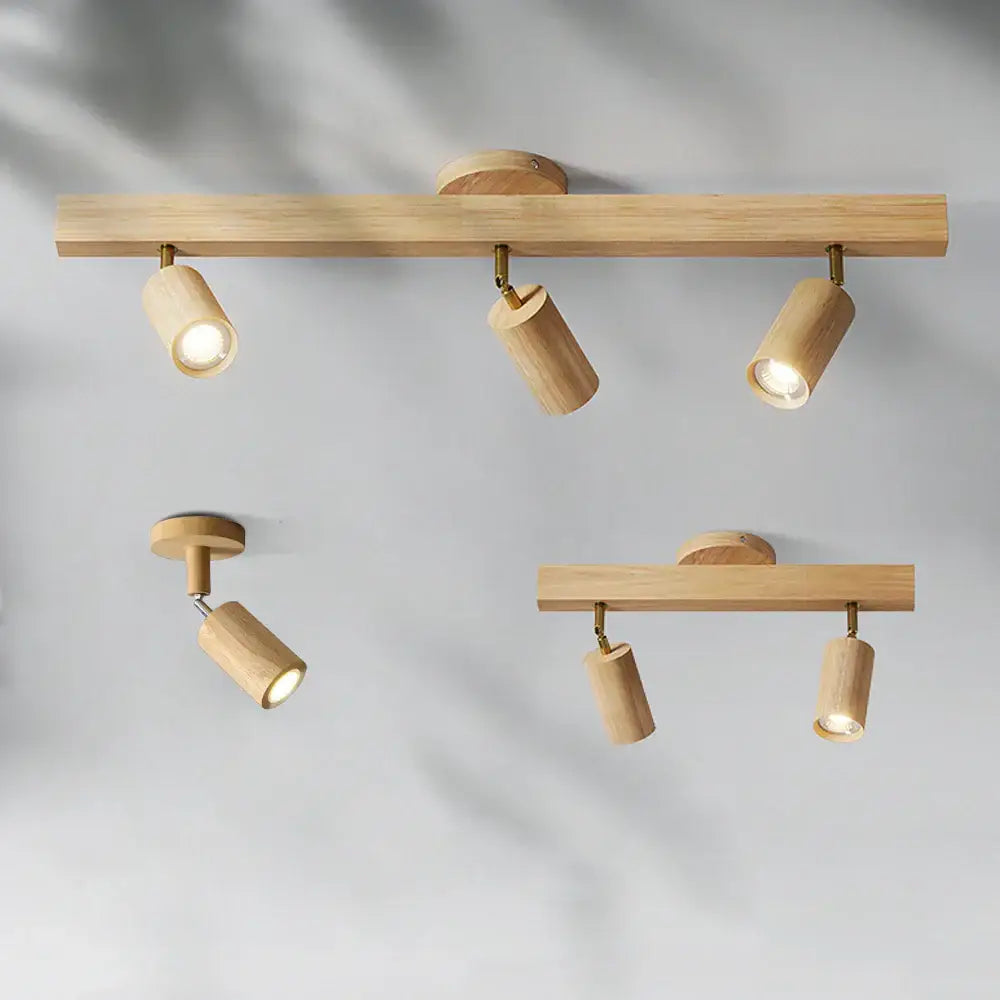 Modern wood three light adjustable gu10 led ceiling lamp with natural wood finish and cylindrical spotlights