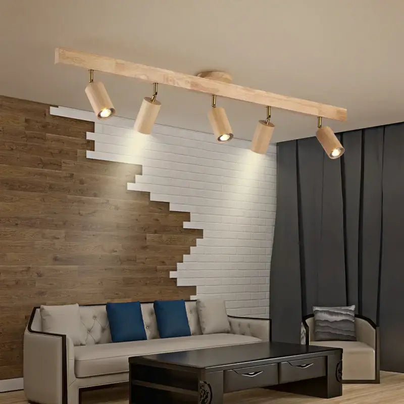 Modern wood ceiling lamp with five adjustable gu10 led fixtures in light wood finish for kitchen decorbites adjustable gu10