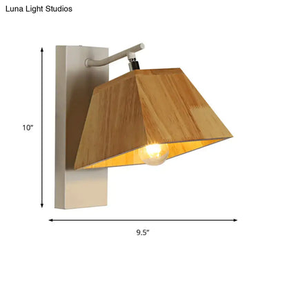 Modern wood trapezoid wall sconce with warm wooden shade and sleek metallic base direct wired fixture height shown