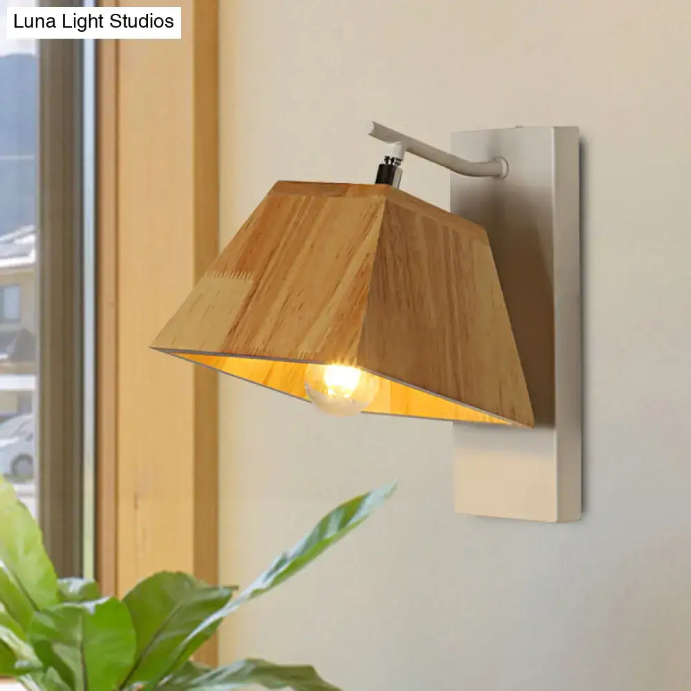 Modern wood trapezoid wall sconce with geometric wooden shade and metallic base direct wired fixture width visible