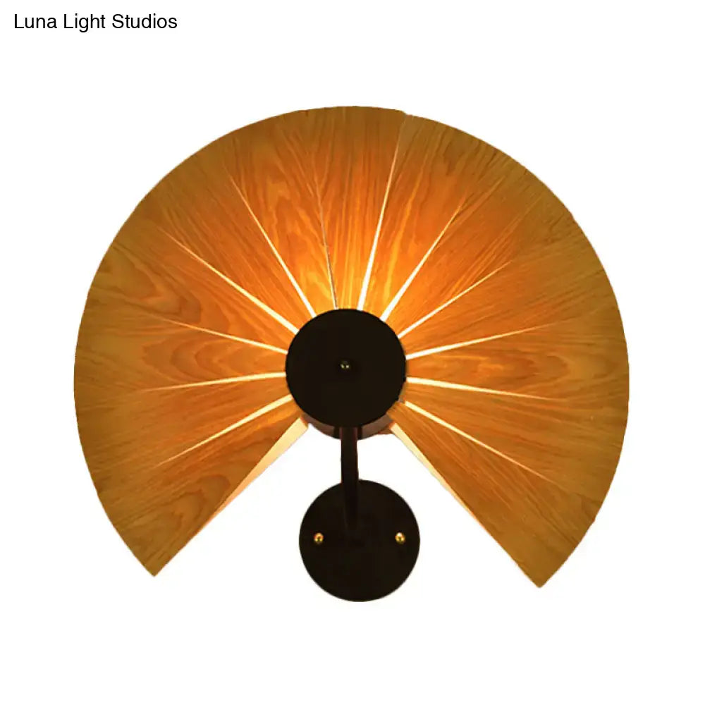 Modern wood veneer fan wall sconce with warm wood tones and black metal base compatible with e26 e27 bulb base