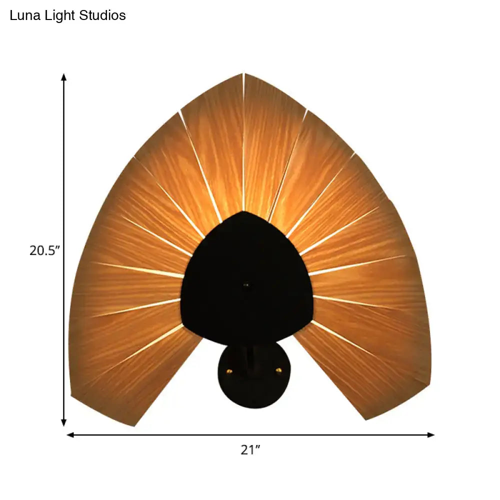 Modern wood veneer fan wall sconce with warm tone, wooden texture, black metal base, and e26 e27 bulb base for dining room
