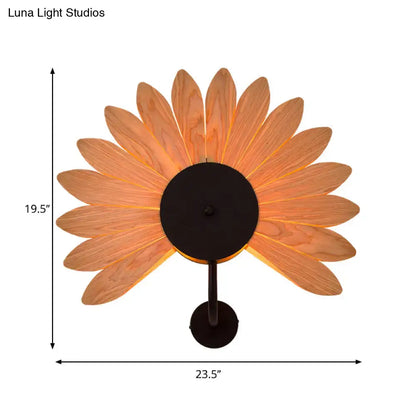 Modern wood veneer fan wall sconce with warm-toned sunflower design black metal base and e26 e27 bulb base for dining room lighting