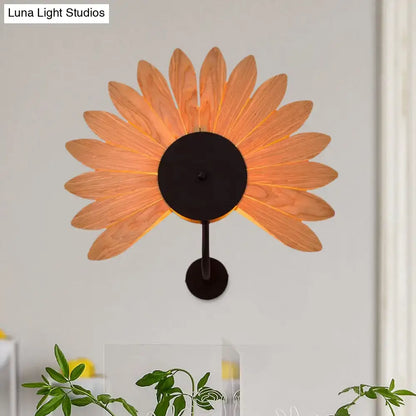 Warm-toned wood veneer sunflower wall sconce with black metal base and e26 e27 bulb base for dining room lighting