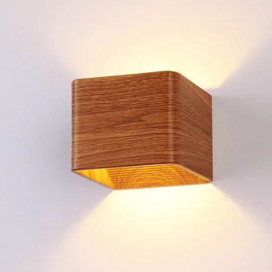 Modern wooden cube led wall light bedroom sconce with warm-toned wood and sleek design by decorbites led wall