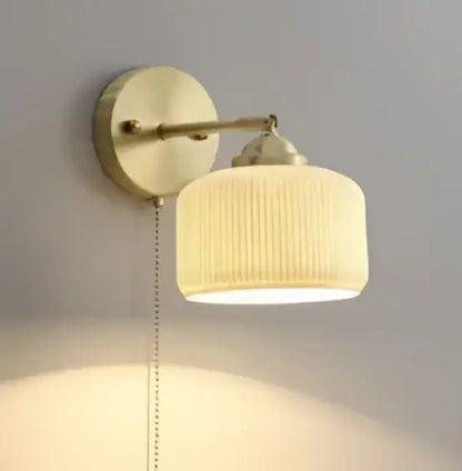 Modern wooden cube led wall sconce with cream ribbed glass lamp and brass arm for decorbites led wall lighting