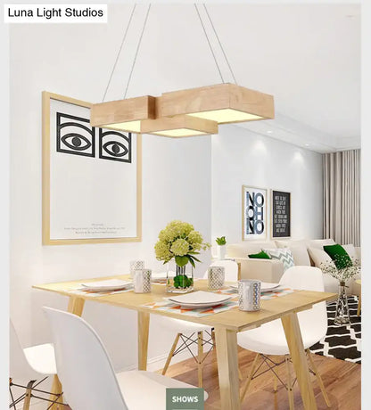 Modern wooden rectangular pendant ceiling light fixture with warm glow for kitchen island lighting