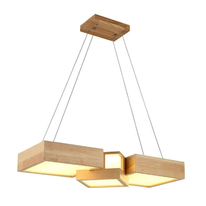 Modern wooden square led ceiling light fixture with warm glowing panels and natural wood finish for kitchen island