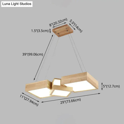 Modern wooden rectangular pendant ceiling light fixture with three illuminated panels and natural finish for kitchen island