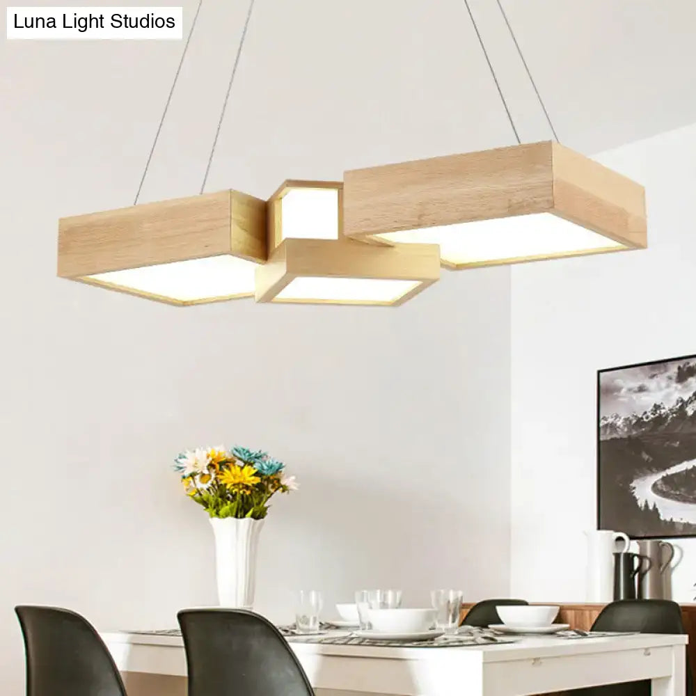 Modern wooden rectangular pendant ceiling light fixture with warm glow and minimalist design for kitchen island use