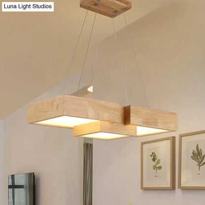 Modern wooden square led ceiling light fixture with warm glowing rectangular design and natural wood finish for kitchen island
