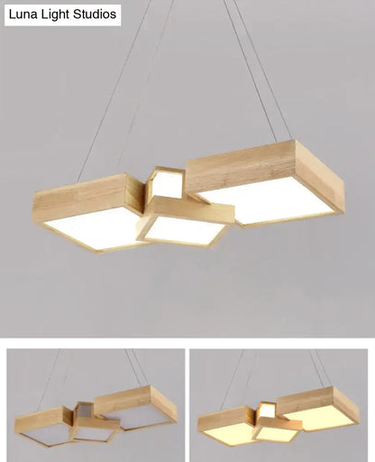 Modern wooden square led ceiling light fixture with geometric modular design and warm white illumination for kitchen island