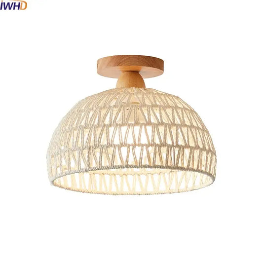 Beige woven rope dome ceiling light with natural wood mounting plate for modern decorbites led wicker wood ceiling lights