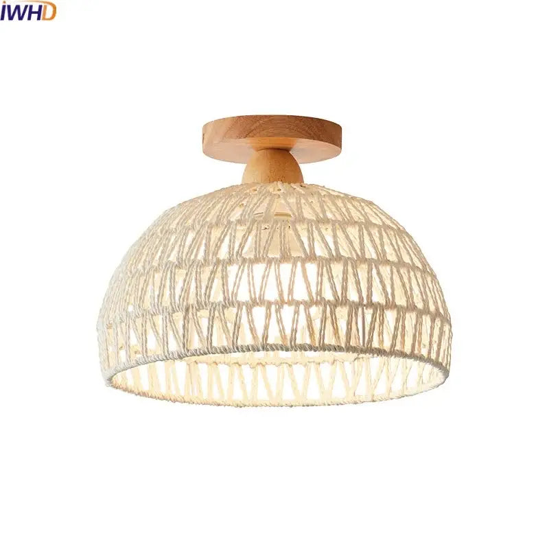 Beige woven rope dome ceiling light with natural wood mounting plate for modern decorbites led wicker wood ceiling lights
