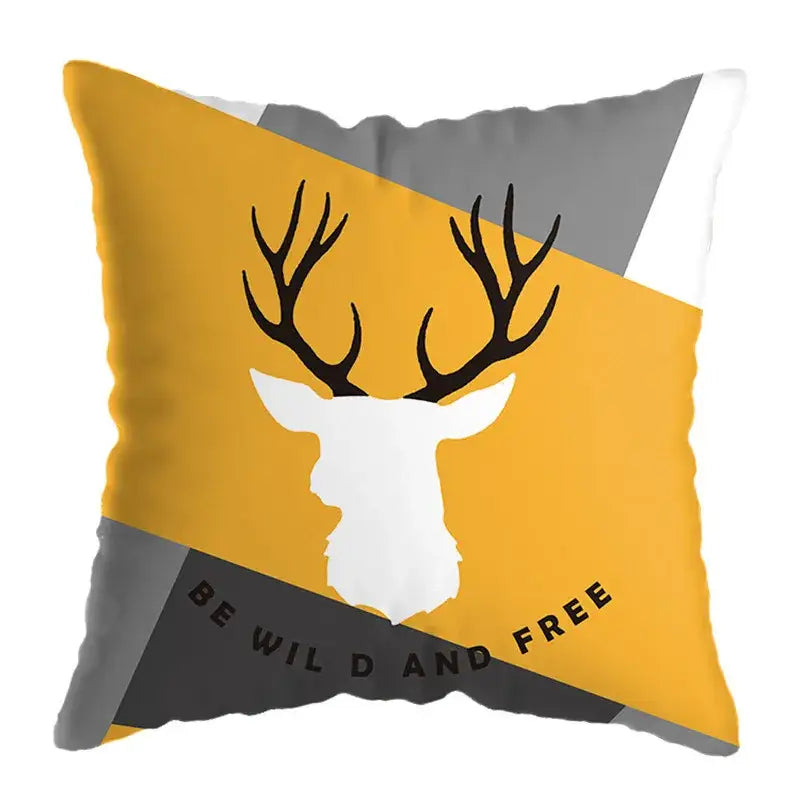 Modern square throw pillowcase featuring a bold geometric deer print with a white deer head on yellow black and gray sections