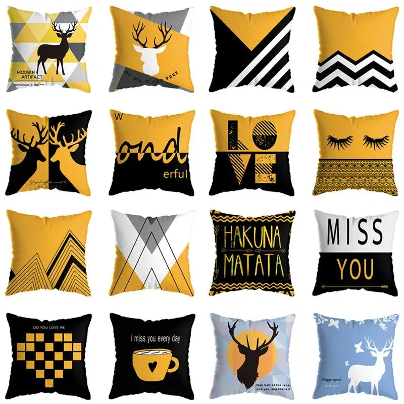Modern yellow and black geometric deer print square throw pillows with bold patterns and motivational phrases for living room