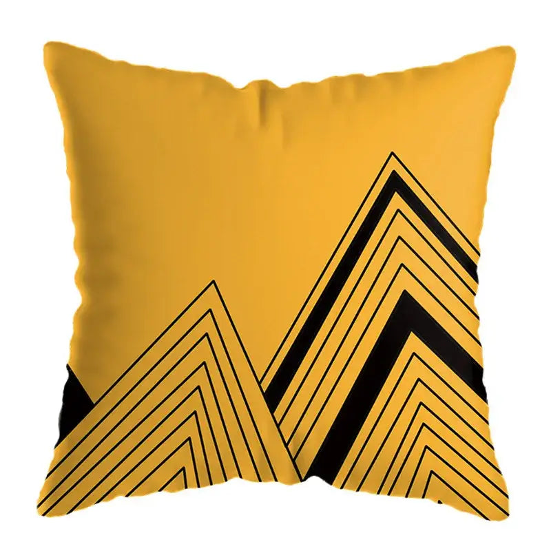 Modern yellow and black geometric deer print pillowcase featuring a yellow throw pillow with black mountain design for living room