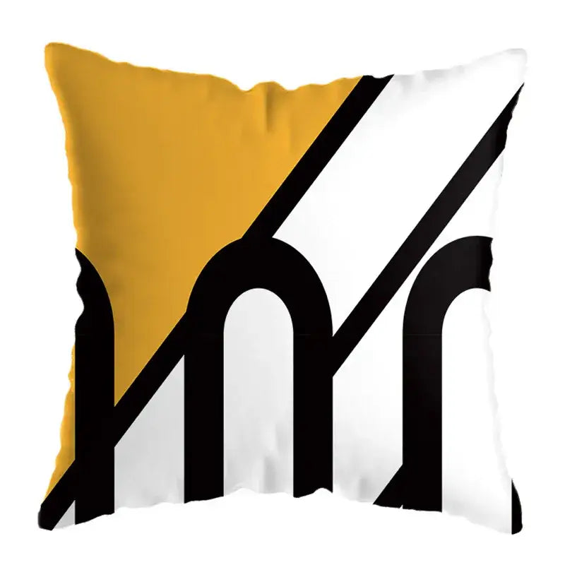 Modern yellow and black geometric deer print pillowcase with bold mustard yellow white and black abstract arches design