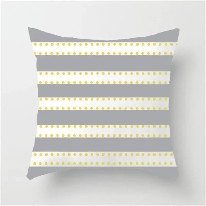 Modern yellow and gray geometric stripe pillowcase with alternating gray and white stripes and yellow polka dots decorbites geometric stripe decor