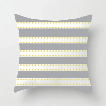 Modern yellow and gray geometric stripe pillowcase with alternating gray and white stripes and yellow polka dots decorbites geometric stripe decor